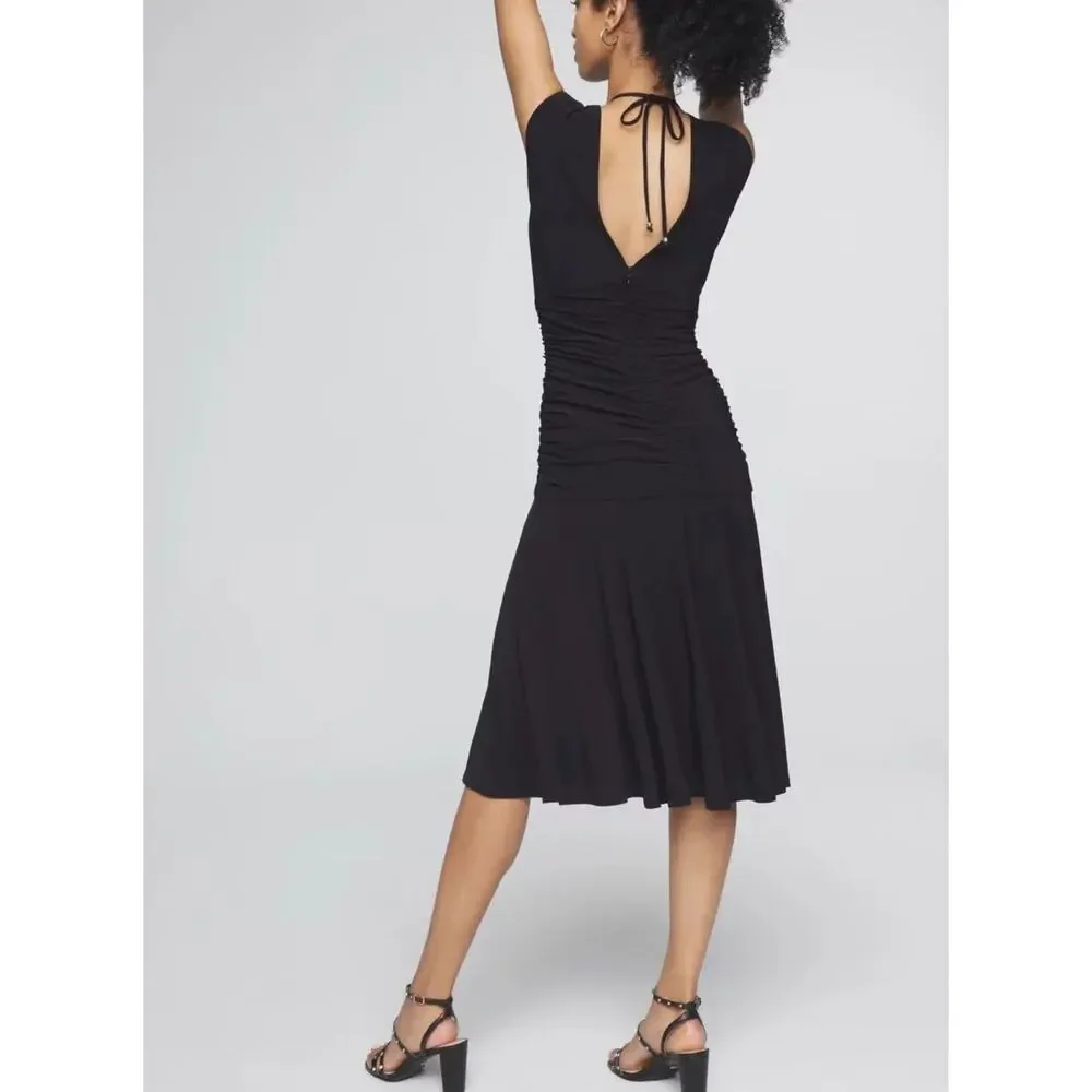 WHBM Black Ruched Midi Dress Size 6 Drop Waist V Neck Fit Flare Dress